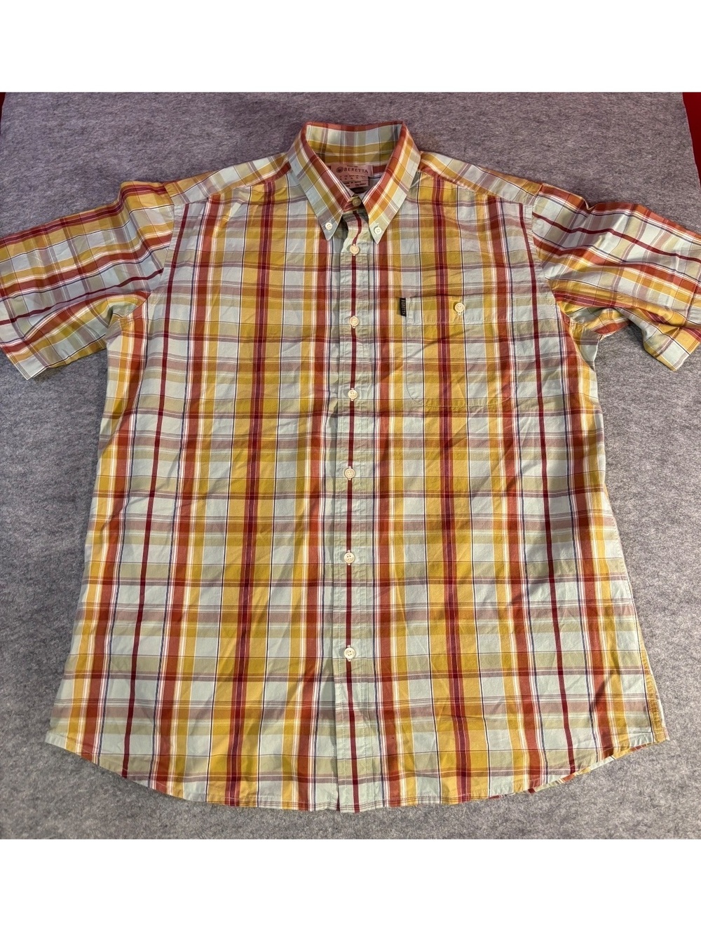 Vintage Beretta Men's XL Short Sleeve Button-Down Plaid Shirt in Yellow and Red